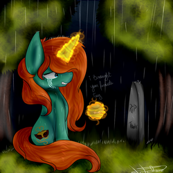 Size: 1024x1024 | Tagged: safe, artist:rubyblossomva, oc, oc only, crying, gravestone, magic, rain, solo