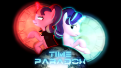 Size: 1920x1080 | Tagged: safe, artist:powdan, starlight glimmer, pony, unicorn, g4, 3d, alicorn amulet, clock, duality, gmod, planet, red eyes, s5 starlight, self paradox, self ponidox, solo, teaser, time, time paradox