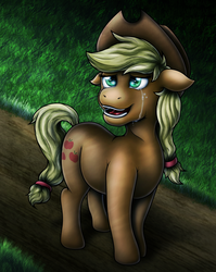 Size: 2303x2895 | Tagged: safe, artist:kukotte, applejack, g4, crying, female, happy, high res, night, solo, tears of joy
