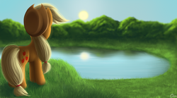 Size: 1800x1000 | Tagged: safe, artist:luminousdazzle, applejack, earth pony, pony, g4, female, field, lake, peaceful, scenery, sky, solo, sun