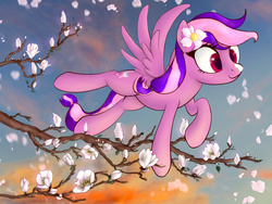 Size: 4000x3000 | Tagged: safe, artist:plotcore, oc, oc only, oc:moonlight blossom, pegasus, pony, flower, flower in hair, flying, petal, solo, tree branch