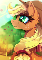 Size: 1358x1920 | Tagged: safe, artist:rariedash, part of a set, applejack, earth pony, pony, applejack's hat, barn, bust, cowboy hat, female, freckles, hairband, hat, long neck, looking up, mare, portrait, solo, sweet apple acres