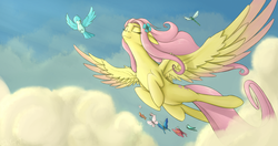 Size: 1710x900 | Tagged: safe, artist:dryayberg, fluttershy, bird, butterfly, dragonfly, pegasus, pony, g4, colored wings, colored wingtips, eyes closed, female, flower, flower in hair, flying, sky, solo, spread wings