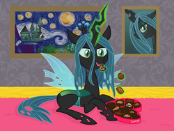 Size: 900x675 | Tagged: safe, artist:flourret, queen chrysalis, changeling, g4, box of chocolates, chocolate, crown, cute, cutealis, eating, female, fine art parody, food, glowing horn, horn, indoors, jewelry, lidded eyes, magic, open mouth, painting, prone, regalia, rug, signature, smiling, solo, starry night, telekinesis, vincent van gogh