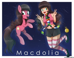 Size: 3100x2444 | Tagged: safe, artist:the-butch-x, oc, oc only, oc:macdolia, earth pony, human, pony, clothes, high res, humanized, peace sign, pocket watch, scarf, self ponidox, shooting star, smiling, socks, space, stockings, striped socks, thigh highs, thigh socks
