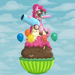 Size: 3500x3500 | Tagged: safe, artist:vanillaghosties, pinkie pie, earth pony, pony, g4, balloon, banana, cloud, female, floating, food, high res, ice cream, mare, messy, party cannon, ponies in food, solo, sundae