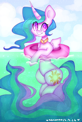 Size: 2000x3000 | Tagged: dead source, safe, artist:bunxl, princess celestia, alicorn, pony, g4, female, heart, heart eyes, high res, inner tube, solo, swimming, water, wingding eyes