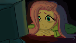 Size: 840x480 | Tagged: safe, artist:kul, fluttershy, equestria girls, g4, clothes, computer, female, hopeful, night, pajamas, solo, waiting