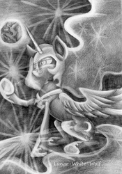 Size: 2376x3402 | Tagged: safe, artist:lunar-white-wolf, nightmare moon, g4, female, grayscale, high res, monochrome, planet, solo, stars, traditional art