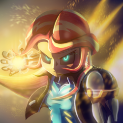Size: 1200x1200 | Tagged: safe, artist:crunchtherobot, sunset shimmer, cyborg, equestria girls, g4, crossover, female, genos, one punch man, solo