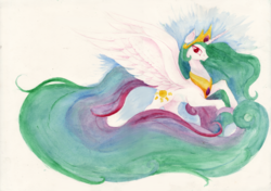 Size: 2000x1408 | Tagged: safe, artist:ecmonkey, princess celestia, g4, female, flying, solo, traditional art, watercolor painting
