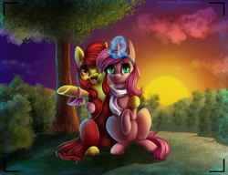 Size: 1024x788 | Tagged: safe, artist:aschenstern, apple bloom, ruby pinch, earth pony, pony, g4, clothes, commission, digital art, duo, female, glowing horn, happy, horn, mare, older, one eye closed, open mouth, scarf, sitting, smiling, sunset, tree, twilight (astronomy)