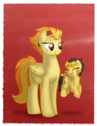 Size: 700x900 | Tagged: safe, artist:faith-wolff, spitfire, oc, oc:summer skies, pegasus, pony, g4, female, filly, headband, mare, mother and daughter, offspring, parent:oc:rusty mcshale, parent:spitfire, parents:canon x oc, pregnant, red background, simple background
