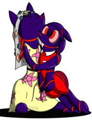 Size: 1920x2560 | Tagged: safe, artist:derpanater, oc, oc only, oc:mayall, oc:turnip soup, fallout equestria, fallout equestria: dance of the orthrus, clothes, commission, confused, digital art, dress, glowing, glowing eyes, happy, hug, jumpsuit, purple, shell, shiny, smiling