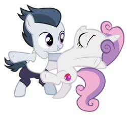 Size: 1139x1024 | Tagged: safe, artist:lunaticdawn, rumble, sweetie belle, g4, bipedal, colt, dancing, duo, duo male and female, female, filly, foal, grin, male, ship:rumbelle, shipping, smiling, straight