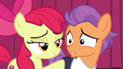 Size: 1920x1080 | Tagged: safe, screencap, apple bloom, tender taps, earth pony, pony, g4, on your marks, colt, cutie mark, female, filly, lidded eyes, lip bite, male, out of context, the cmc's cutie marks