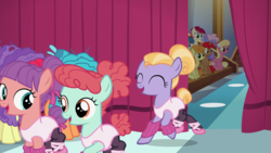 Size: 1920x1080 | Tagged: safe, screencap, apple bloom, carrot top, cherry spices, golden harvest, lily, lily valley, rainbowshine, roseluck, tender taps, g4, on your marks, backstage, ballet slippers, colt, female, filly, leg warmers, leotard, male, stage