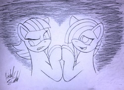 Size: 1107x800 | Tagged: safe, artist:fuzon-s, limestone pie, marble pie, g4, annoyed, happy, holding hooves, sisters, sketch, traditional art