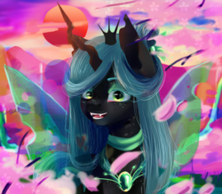 Size: 1955x1709 | Tagged: safe, artist:antropix, queen chrysalis, changeling, changeling queen, g4, cherry blossoms, female, petals, solo