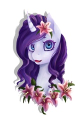 Size: 1118x1680 | Tagged: safe, artist:antropix, rarity, g4, bust, female, flower, flower in hair, portrait, simple background, solo