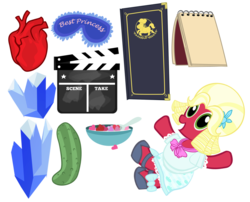 Size: 1024x828 | Tagged: safe, artist:pixelkitties, big macintosh, earth pony, pony, g4, crossdressing, crystal, doll, food, heart, male, menu, notepad, orchard blossom, pickle, simple background, sleep mask, stallion, toy, transparent background