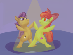 Size: 1440x1080 | Tagged: safe, artist:madakia, apple bloom, tender taps, earth pony, pony, g4, on your marks, bipedal, bow, colt, cutie mark, duo, duo male and female, female, filly, foal, looking at each other, looking at someone, male, spotlight, the cmc's cutie marks