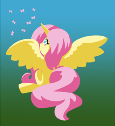 Size: 1024x1124 | Tagged: safe, artist:topaztortise, fluttershy, alicorn, butterfly, pony, g4, alicornified, female, flat colors, fluttercorn, looking at something, looking away, looking up, race swap, sitting, solo, spread wings