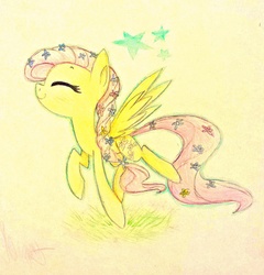 Size: 2032x2117 | Tagged: safe, artist:siggie740, fluttershy, g4, braid, enjoying, eyes closed, female, flower, flower in hair, high res, solo, spread wings, traditional art, trotting