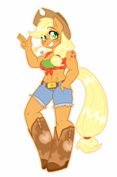 Size: 1263x1900 | Tagged: safe, artist:meb90, applejack, earth pony, anthro, unguligrade anthro, g4, abs, alternative cutie mark placement, applejack's hat, applejacked, belly button, breasts, cleavage, clothes, cowboy hat, female, freckles, front knot midriff, hat, looking at you, midriff, muscles, shoulder cutie mark, simple background, smiling, solo, white background