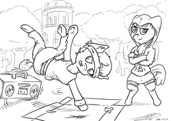 Size: 1280x907 | Tagged: safe, artist:jeinsx, apple bloom, tender taps, g4, boombox, breakdancing, clothes, dancing, monochrome