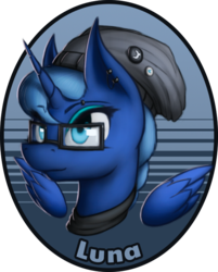 Size: 545x678 | Tagged: safe, artist:sparkdraws, princess luna, g4, alternate hairstyle, beanie, glasses, hat, piercing