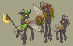 Size: 1943x1224 | Tagged: safe, artist:sourcherry, oc, oc only, unnamed oc, changeling, changeling queen, armor, axe, battle axe, brown changeling, changeling queen oc, changeling soldier, female, gray background, jewelry, simple background, soldier, tiara, weapon