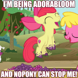 Size: 483x483 | Tagged: safe, edit, edited screencap, screencap, apple bloom, cherry berry, g4, on your marks, adorabloom, and nopony can stop me, animated, cute, female, floppy ears, food, grape juice, grapes, happy, i'm being adorable and no one can stop me!, image macro, juice, jumping, meme, solo focus, text