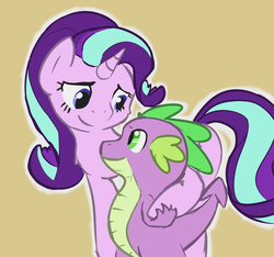 Size: 1000x937 | Tagged: safe, artist:brownie-bytes, edit, spike, starlight glimmer, dragon, pony, unicorn, g4, cropped, cute, duo, female, hug, looking at each other, male, mare, ship:sparlight, shipping, spikelove, straight