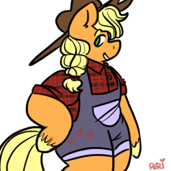 Size: 1280x1280 | Tagged: safe, artist:pericycles-art, applejack, earth pony, anthro, unguligrade anthro, g4, arm hooves, clothes, cute, female, hooves, overalls, shirt, solo, unshorn fetlocks