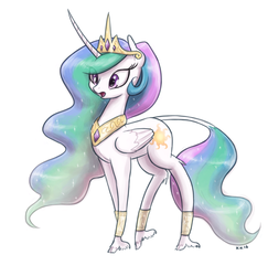 Size: 1242x1280 | Tagged: safe, artist:king-kakapo, princess celestia, alicorn, classical unicorn, pony, g4, :o, cloven hooves, curved horn, cute, cutelestia, female, fetlock tuft, fluffy, horn, leonine tail, open mouth, solo