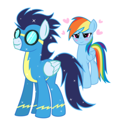 Size: 1024x1056 | Tagged: safe, artist:sunsetsparkle129, rainbow dash, soarin', pony, g4, blushing, female, goggles, male, ship:soarindash, shipping, sparkling, straight, wonderbolts uniform