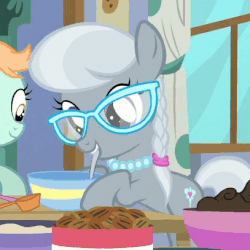 Size: 407x407 | Tagged: safe, screencap, peach fuzz, silver spoon, pony, g4, on your marks, animated, bowl, cute, female, food, glasses, loop, male, mixing bowl, mouth hold, silverbetes, solo focus, spoon, stirring