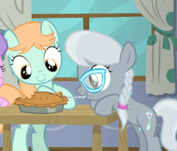Size: 555x475 | Tagged: safe, screencap, diamond tiara, peach fuzz, silver spoon, pony, g4, on your marks, alternative cutie mark placement, animated, animation error, cute, diapeaches, duo focus, feeding, female, foal, food, fork, inner thigh cutie mark, male, mouth hold, pie, silverbetes