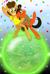 Size: 1501x2225 | Tagged: safe, artist:crazynutbob, cheese sandwich, oc, oc:tomato sandwich, g4, brothers, business suit, confetti, cover art, equestria, gradient background, map of equestria, orb, siblings, sparkles