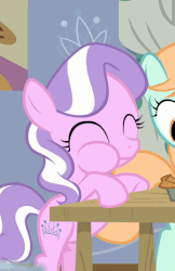 Size: 343x529 | Tagged: safe, screencap, diamond tiara, peach fuzz, pony, g4, on your marks, animated, aweeg*, chewing, cropped, cute, diamondbetes, female, male, puffy cheeks, solo focus