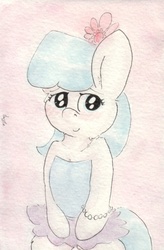 Size: 692x1053 | Tagged: safe, artist:slightlyshade, coco pommel, earth pony, anthro, g4, blushing, bracelet, clothes, dress, female, jewelry, smiling, solo, traditional art