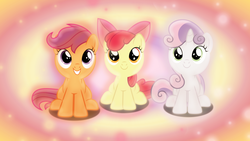 Size: 1600x900 | Tagged: safe, artist:sailortrekkie92, apple bloom, scootaloo, sweetie belle, earth pony, pegasus, pony, unicorn, g4, on your marks, abstract background, adorabloom, apple bloom's bow, bow, cute, cutealoo, cutie mark crusaders, diasweetes, female, filly, foal, gritted teeth, hair bow, looking at you, looking up, sitting, smiling, teeth, wallpaper