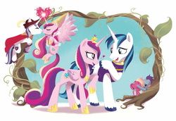 Size: 937x645 | Tagged: safe, artist:amy mebberson, princess cadance, shining armor, g4, good night baby flurry heart, bedroom eyes, boop, combined magic, covering eyes, cute, eye contact, eyes closed, female, flying, heart, male, noseboop, nudging, nuzzling, open mouth, raised hoof, ship:shiningcadance, shipping, sleeping beauty, smiling, spread wings, straight
