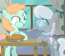 Size: 555x475 | Tagged: safe, screencap, diamond tiara, peach fuzz, silver spoon, g4, on your marks, alternative cutie mark placement, animated, animation error, female, food, fork, inner thigh cutie mark, male, mouth hold, reversed