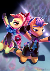 Size: 711x1000 | Tagged: safe, artist:lumelya, apple bloom, tender taps, earth pony, pony, g4, on your marks, clothes, dancing, female, hair ribbon, leotard, male, older, performance, purple leotard, stage, the cmc's cutie marks