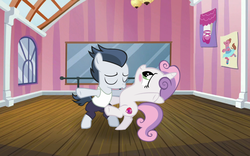 Size: 1200x748 | Tagged: safe, artist:lunaticdawn, rumble, sweetie belle, g4, bipedal, blushing, clothes, colt, dance studio, dancing, duo, duo male and female, eyes closed, female, filly, foal, male, ship:rumbelle, shipping, straight