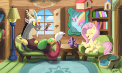 Size: 1280x768 | Tagged: safe, artist:deviousshadow, discord, fluttershy, g4, blushing, fluttershy's cottage, food, hydrokinesis, laughing, magic, tea