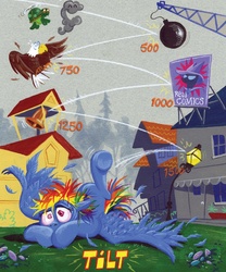 Size: 1358x1629 | Tagged: safe, artist:andy price, idw, mare do well, rainbow dash, tank, bald eagle, bird, dreary, eagle, pegasus, pony, tortoise, friendship is magic #41, g4, spoiler:comic, feather, female, lamppost, mare, pinball, rainbow crash, raised leg, slapstick, swirly eyes