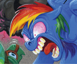 Size: 942x781 | Tagged: safe, artist:andypriceart, idw, rainbow dash, tank, dreary, pony, tortoise, g4, spoiler:comic, spoiler:comic41, angry, duo, faic, female, gray background, male, mare, nightmare face, nightmare fuel, rage, ragebow dash, simple background, teeth, tongue out